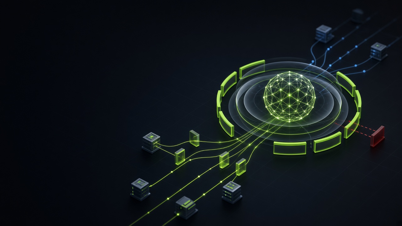 Abstract glowing AI core inside lime shield rings, with data lines passing through checkpoint gates and one stopped at a red barrier.