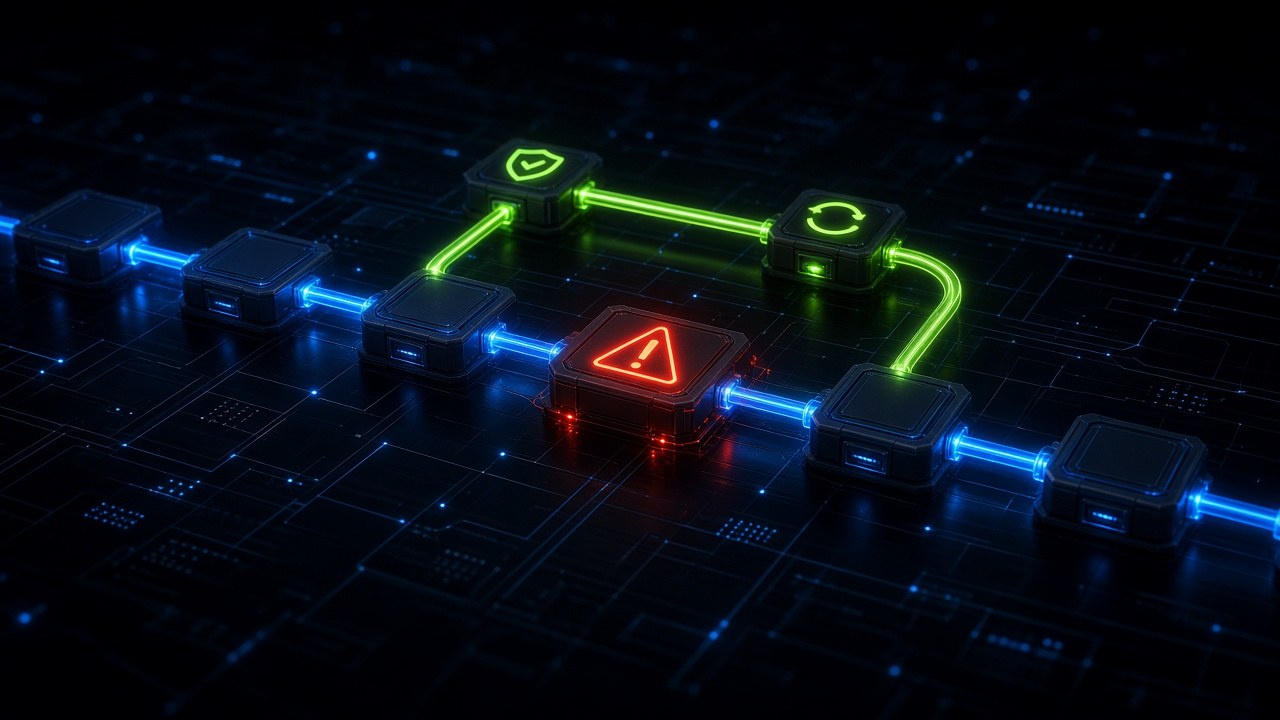 A workflow chain with one red warning node and a glowing lime detour path with shield and retry icons around it.