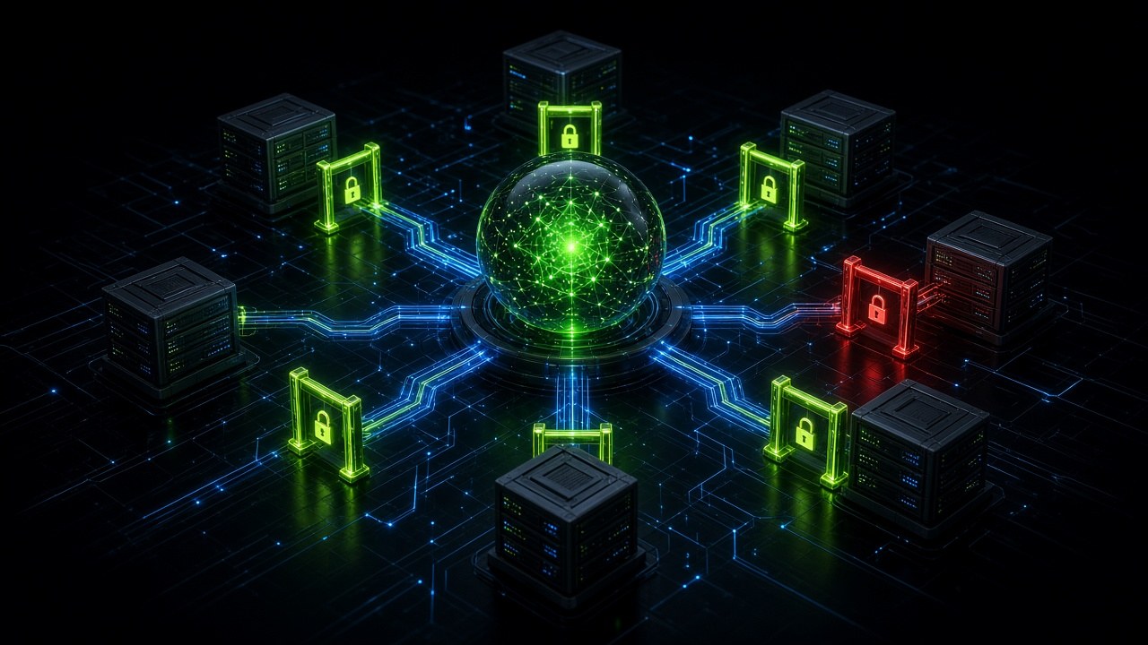 A glowing AI orb connected to tool servers through lime security gates with padlocks, one connection blocked in red.