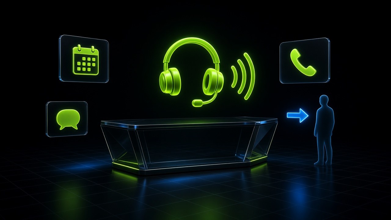 Glowing headset above a dark glass reception desk, with calendar, message and phone panels and a blue arrow handing off to a person.