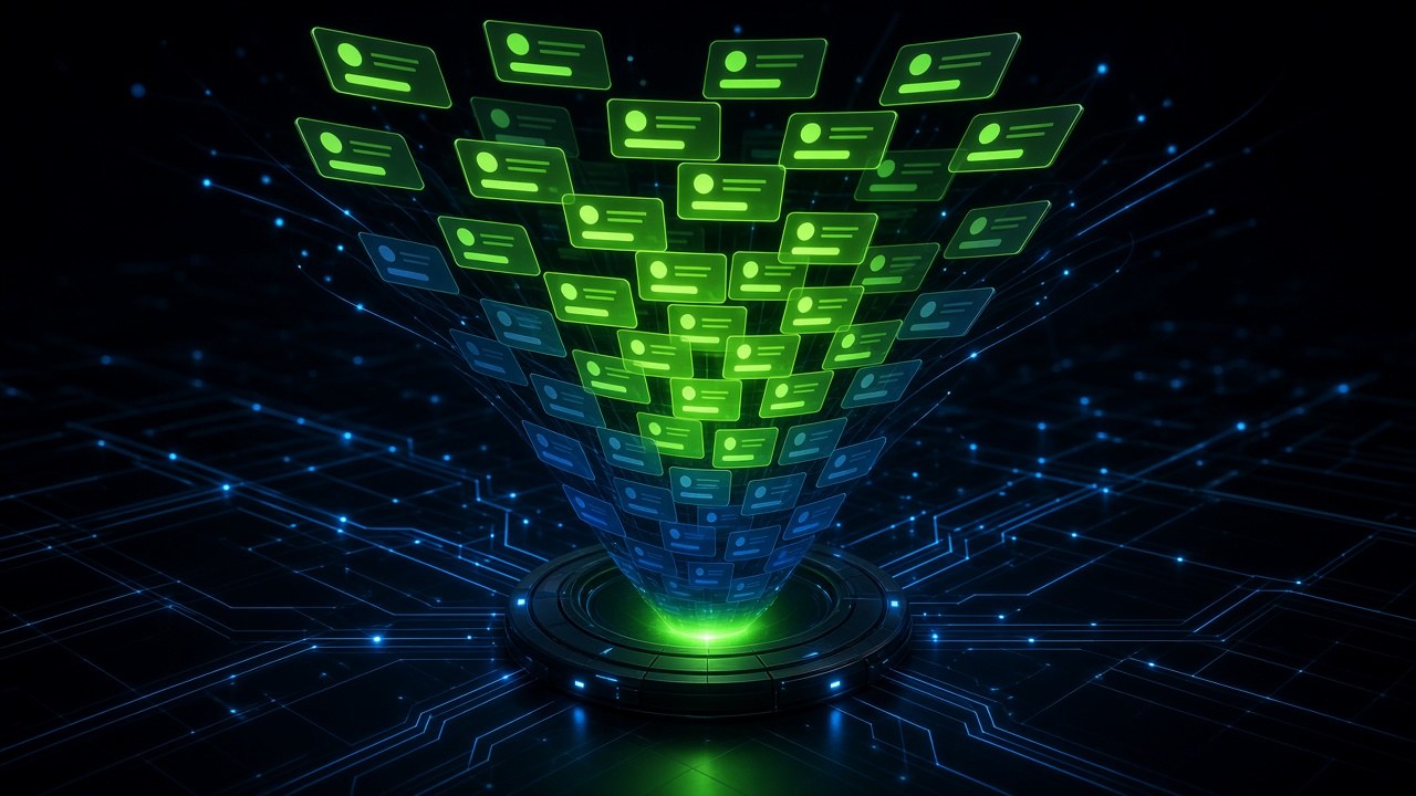 A funnel of glowing contact cards where high-scoring cards glow lime and rise onto a platform while low scores fade blue.