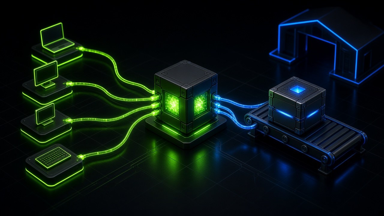 Lime developer workstations wired directly into a glowing project cube on one side, and a blue sealed box handed to an outside building on a conveyor on the other.