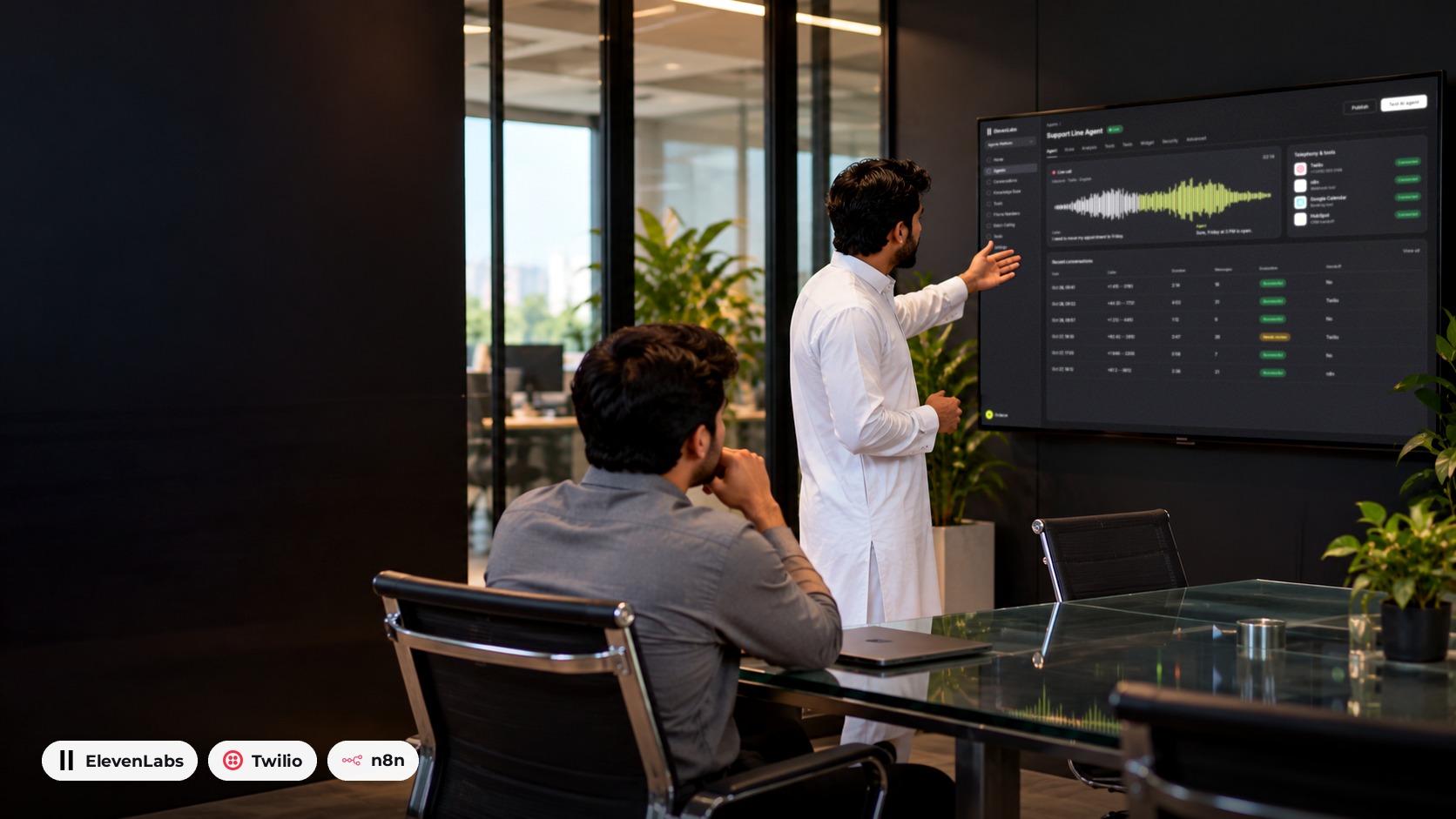 Octacer engineer presenting a live ElevenLabs voice agent dashboard with Twilio, n8n and calendar tools on a meeting room screen while a teammate reviews the call.