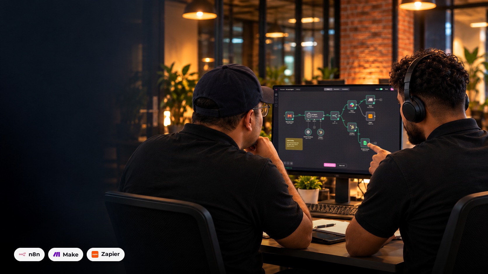 Two Octacer engineers at a desk reviewing an n8n AI agent workflow with Gmail, OpenAI, HubSpot, Slack and Google Sheets nodes on the monitor.