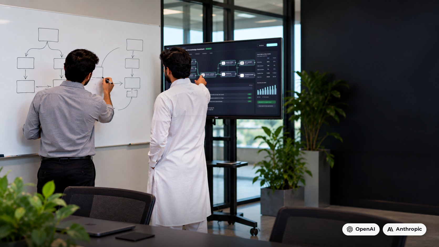Octacer team planning a retrieval pipeline: one engineer sketches on a whiteboard while another points at a RAG dashboard with OpenAI embeddings, a vector index and Claude and GPT answer nodes.