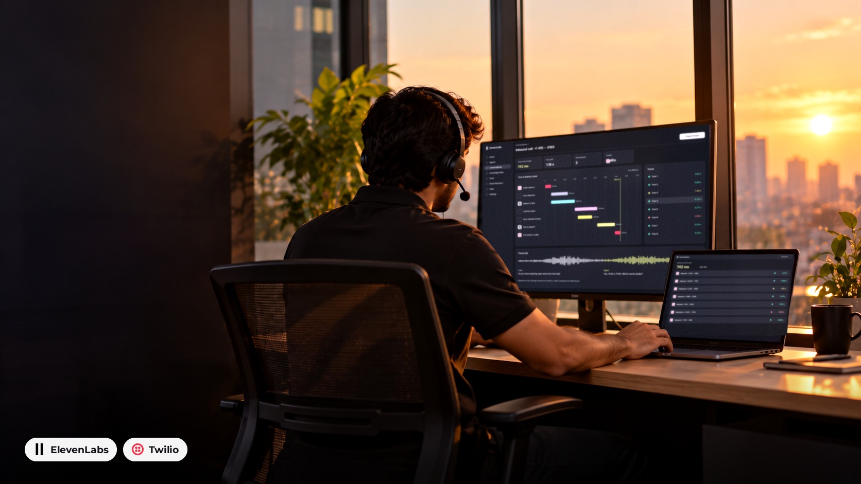 Octacer engineer in a headset at a window desk at sunset, reviewing an ElevenLabs call latency trace with Twilio audio, speech to text, LLM and text to speech timings on his monitor and laptop.