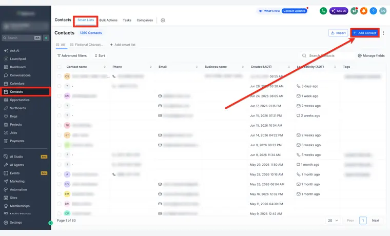 HighLevel Contacts and CRM product view
