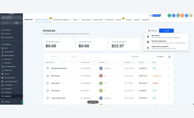 HighLevel Payments and invoices product view