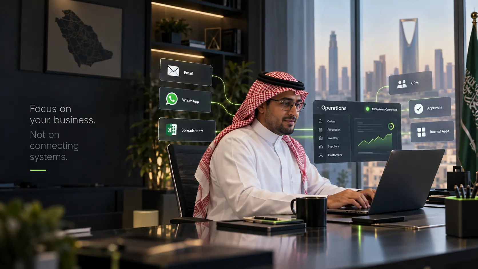 A Saudi operations manager at his desk in Riyadh, working in one operational view while email, WhatsApp, spreadsheets, CRM, approvals and internal applications feed into it — the systems carrying the information between themselves instead of a person doing it.
